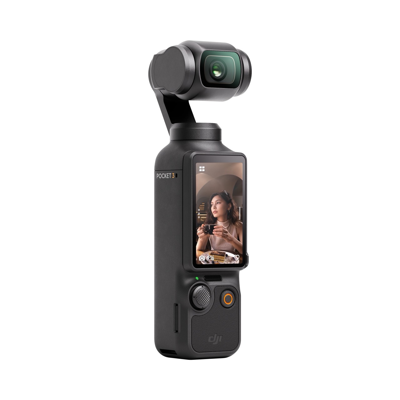 The pocket gimbal camera at three-quarter view, gimbal head raised and the touchscreen showing a live subject